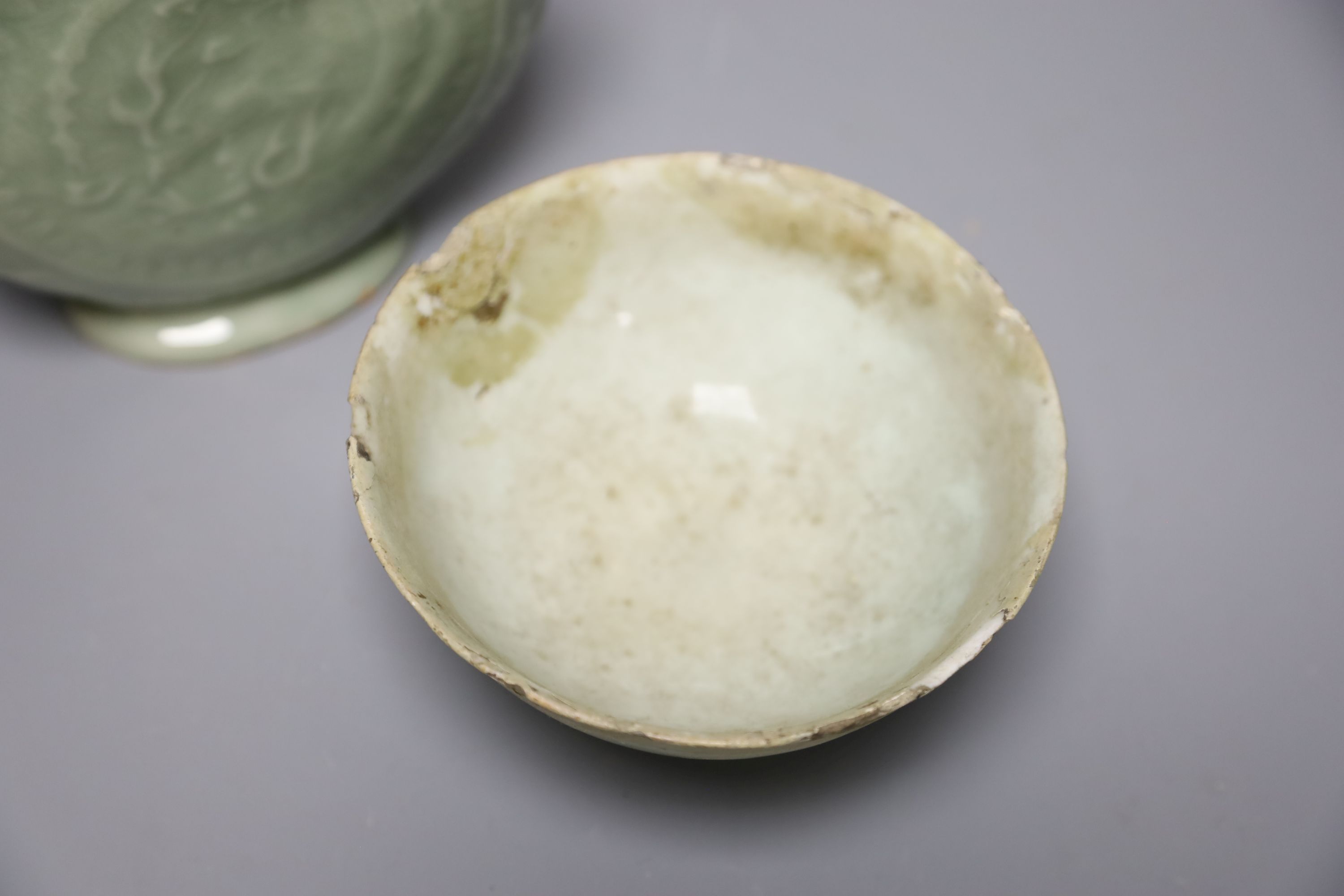 A Chinese celadon glazed moonflask, height 17cm, and bowl